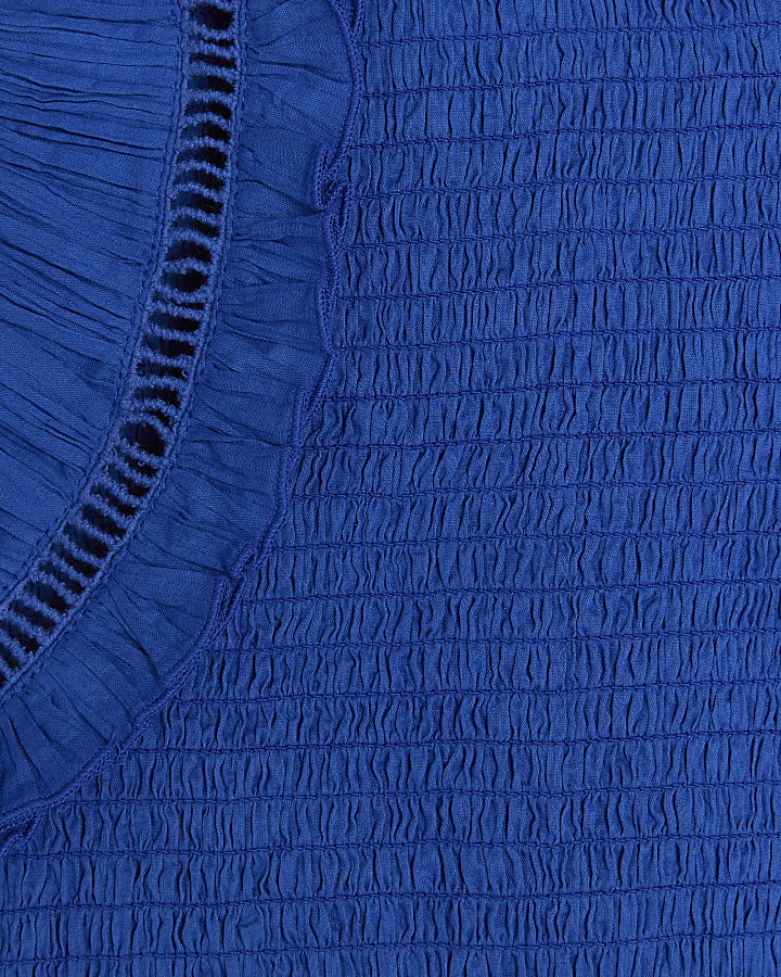Blue Short Sleeve Ladder Insert Shirred Top