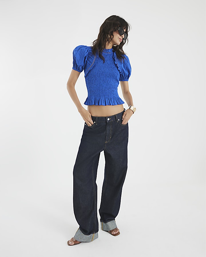 Blue Short Sleeve Ladder Insert Shirred Top