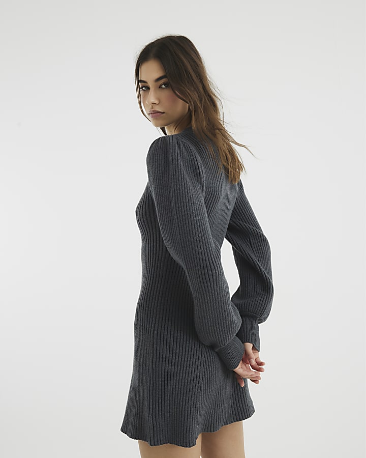 Petite Grey Flippy Hem Ribbed Dress