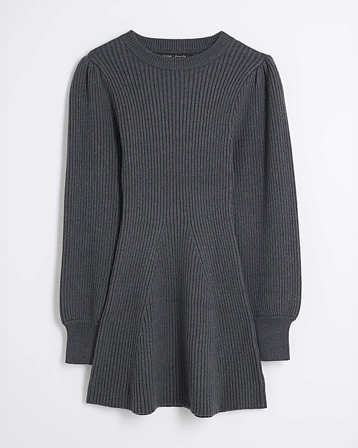 Petite Grey Flippy Hem Ribbed Dress