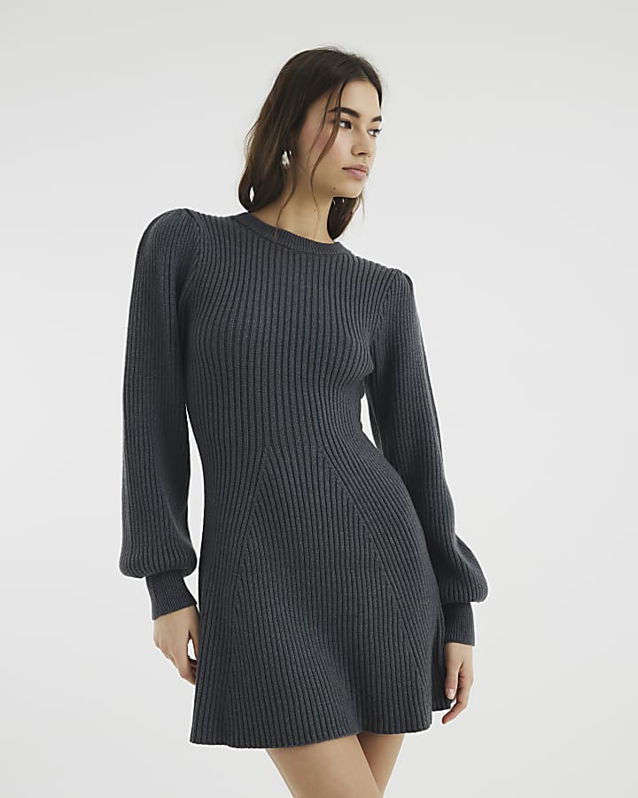 Petite Grey Flippy Hem Ribbed Dress