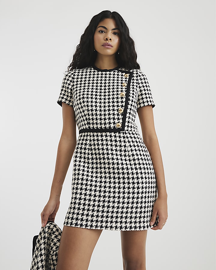 Cream Dogtooth Boucle Shift Mini Dress