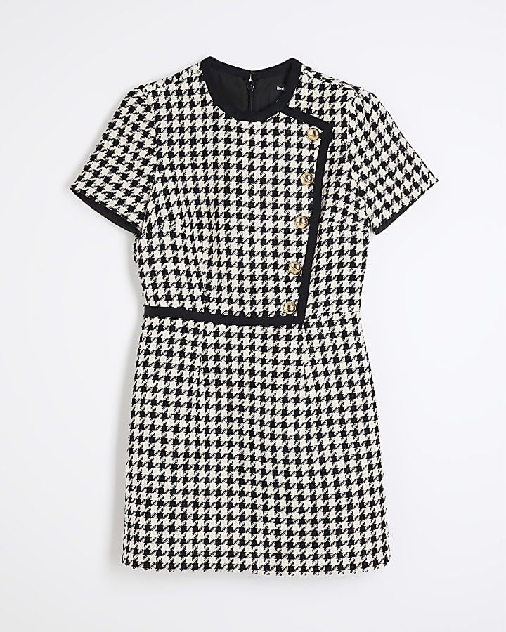 Cream Dogtooth Boucle Shift Mini Dress