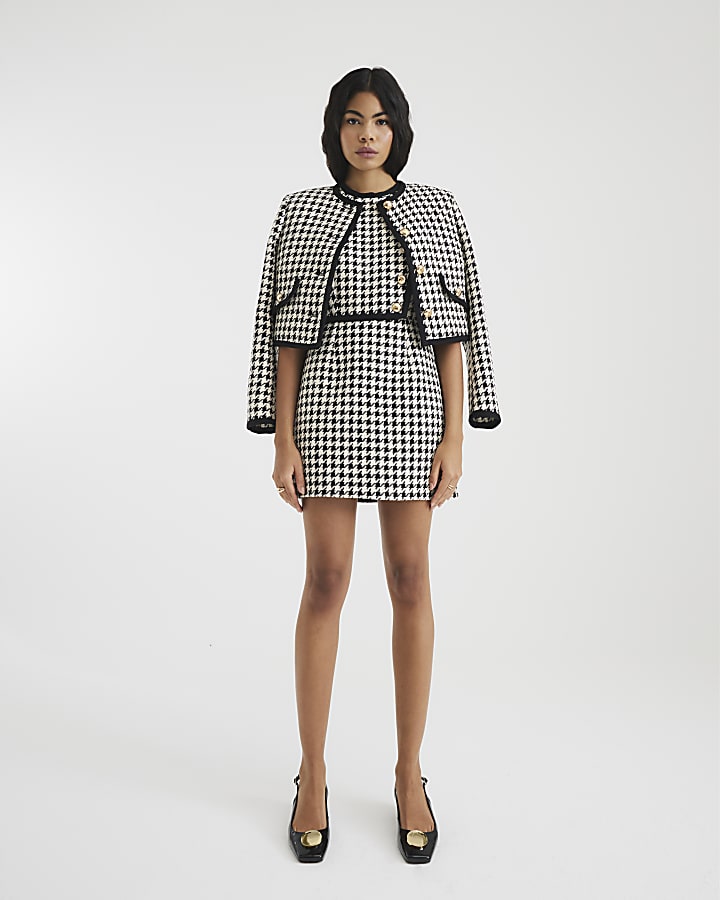 Cream Dogtooth Boucle Shift Mini Dress