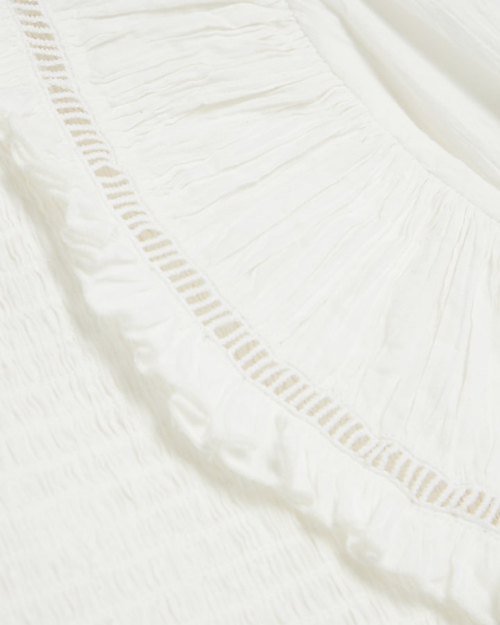 White Short Sleeve Ladder Insert Shirred Top