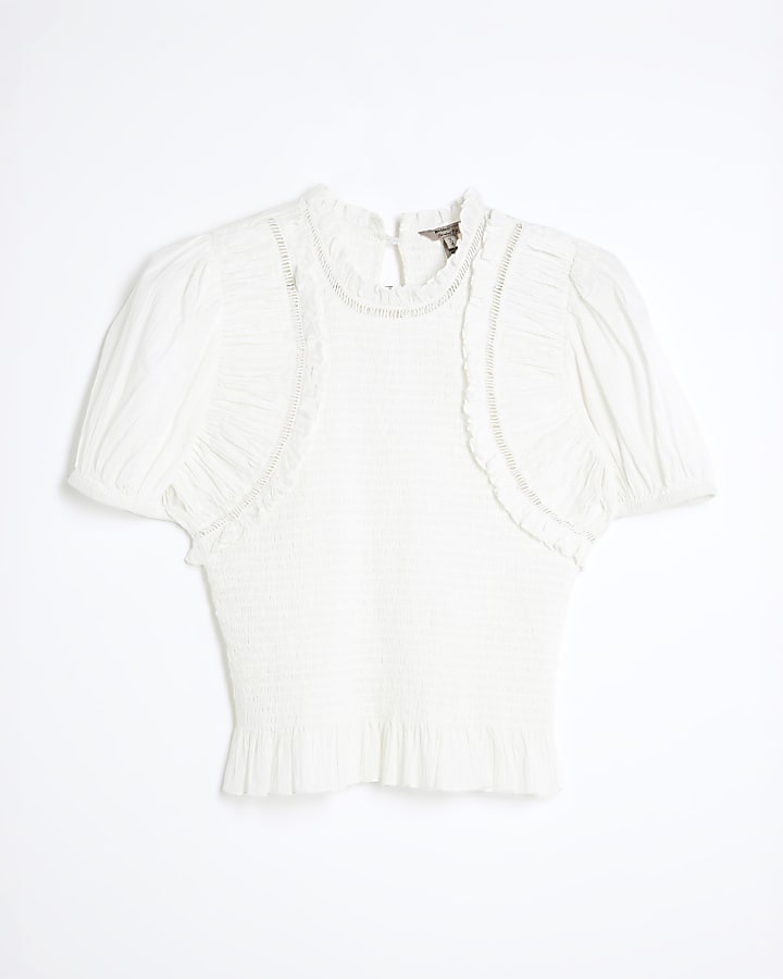White Short Sleeve Ladder Insert Shirred Top