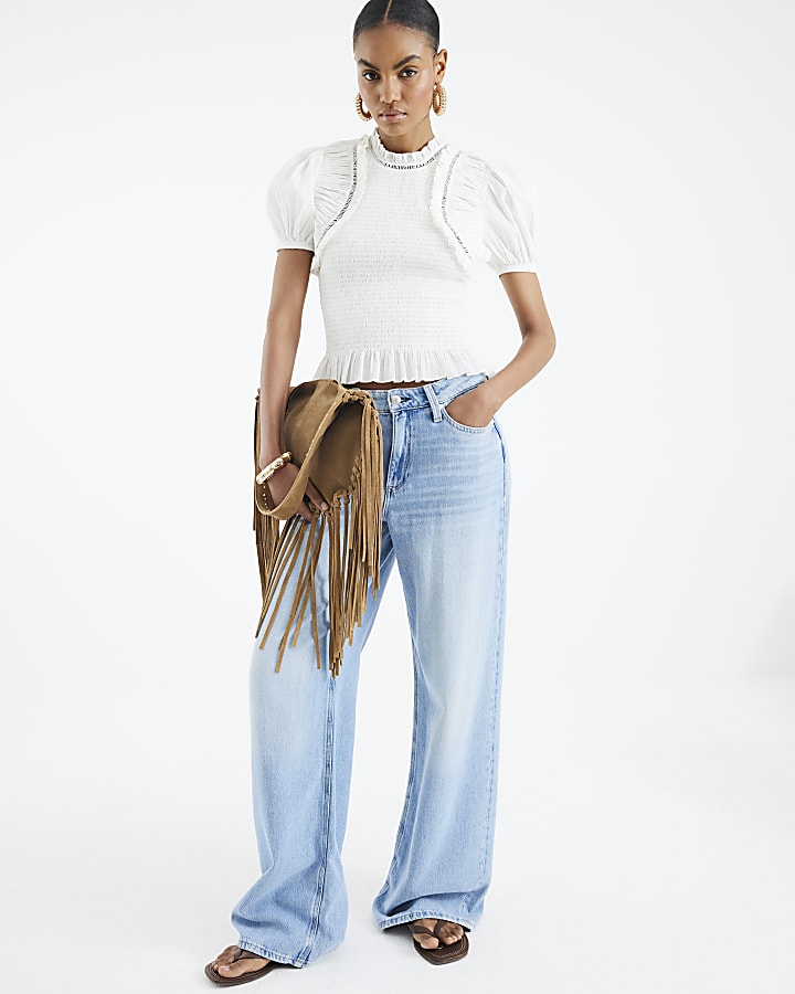 White Short Sleeve Ladder Insert Shirred Top
