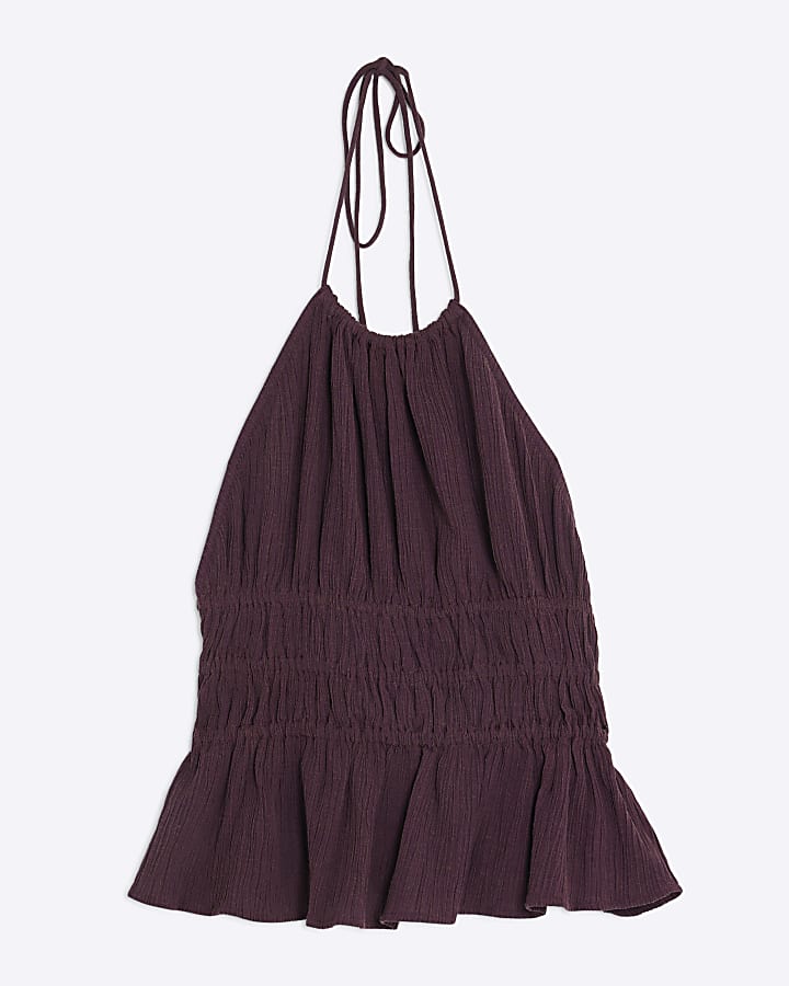 Purple Linen Blend Halter Neck Top