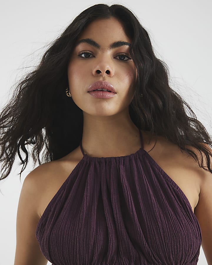 Purple Linen Blend Halter Neck Top