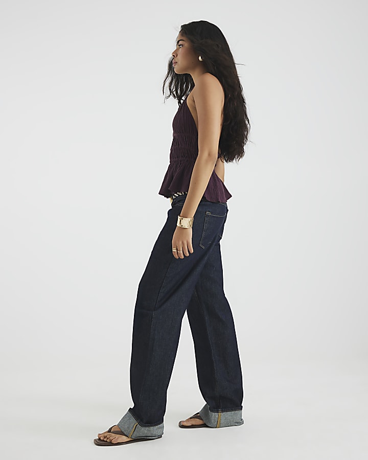 Purple Linen Blend Halter Neck Top