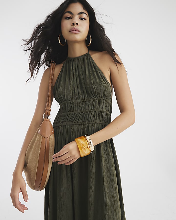 Khaki Halter Neck Maxi Dress