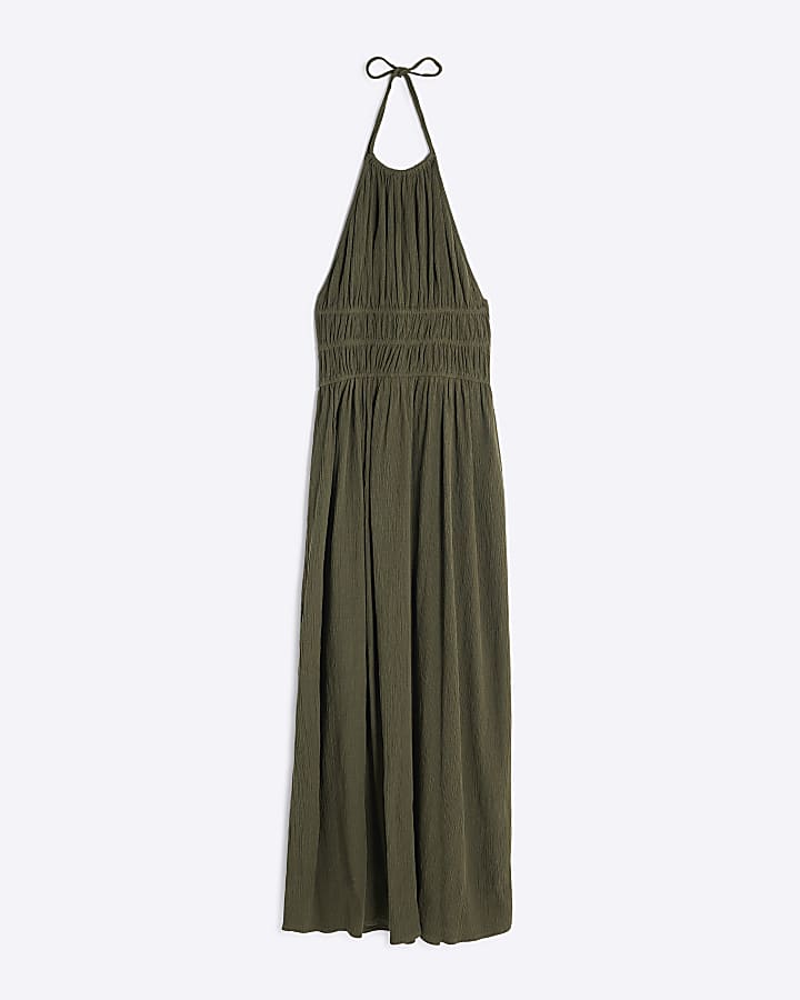 Khaki Halter Neck Maxi Dress