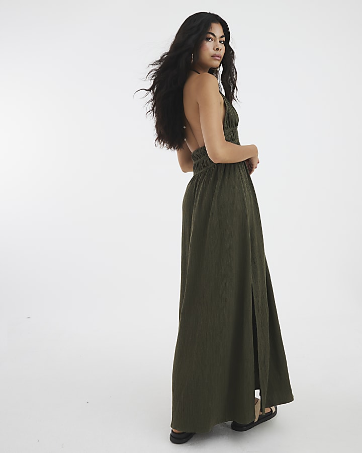 Khaki Halter Neck Maxi Dress