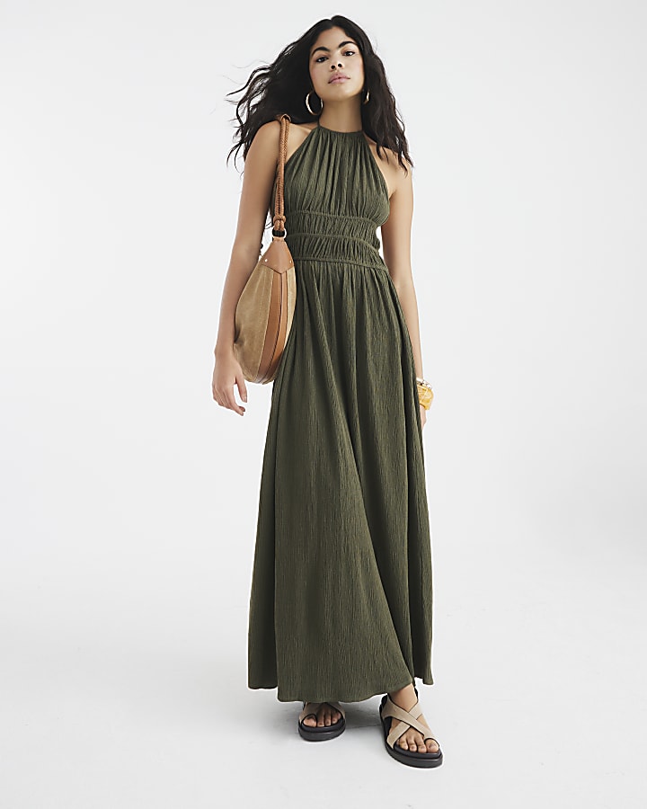 Khaki Halter Neck Maxi Dress