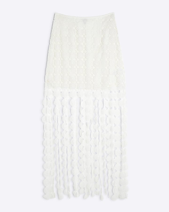 White Crochet Tassel Midi Skirt