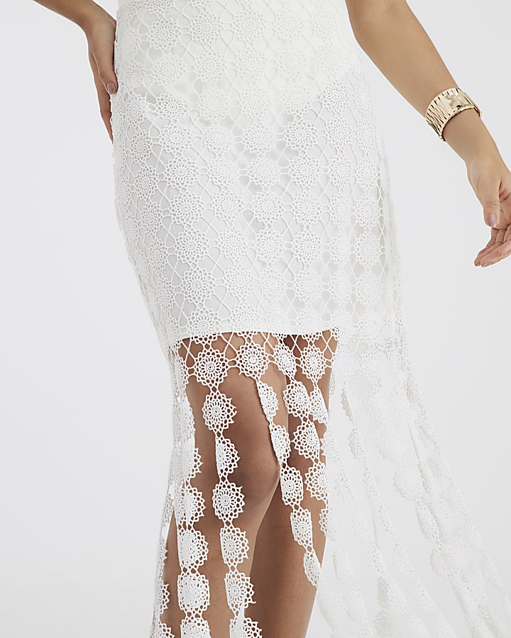 White Crochet Tassel Midi Skirt