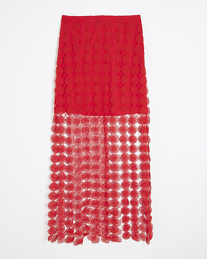 Red Crochet Tassel Midi Skirt