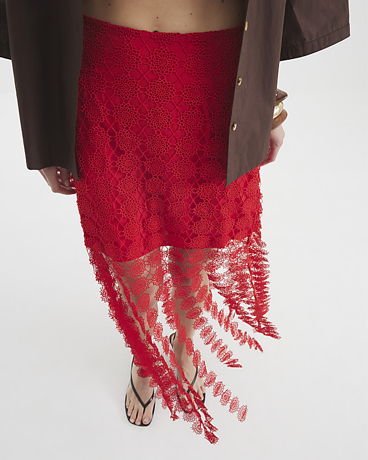 Red Crochet Tassel Midi Skirt