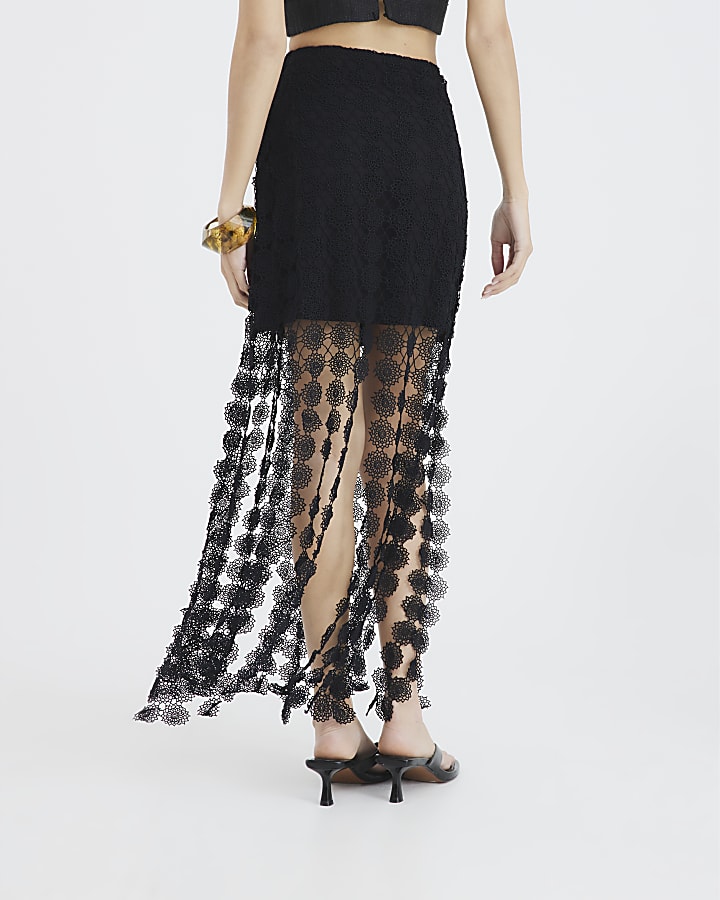 Black Crochet Tassel Midi Skirt