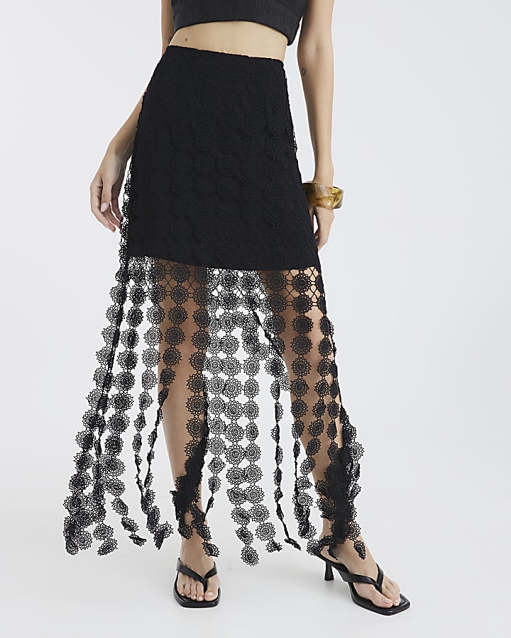 Black Crochet Tassel Midi Skirt