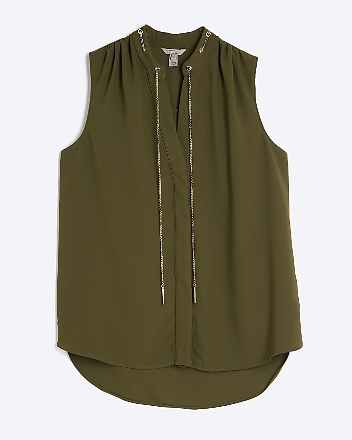 Khaki Sleeveless Chain Detail Top