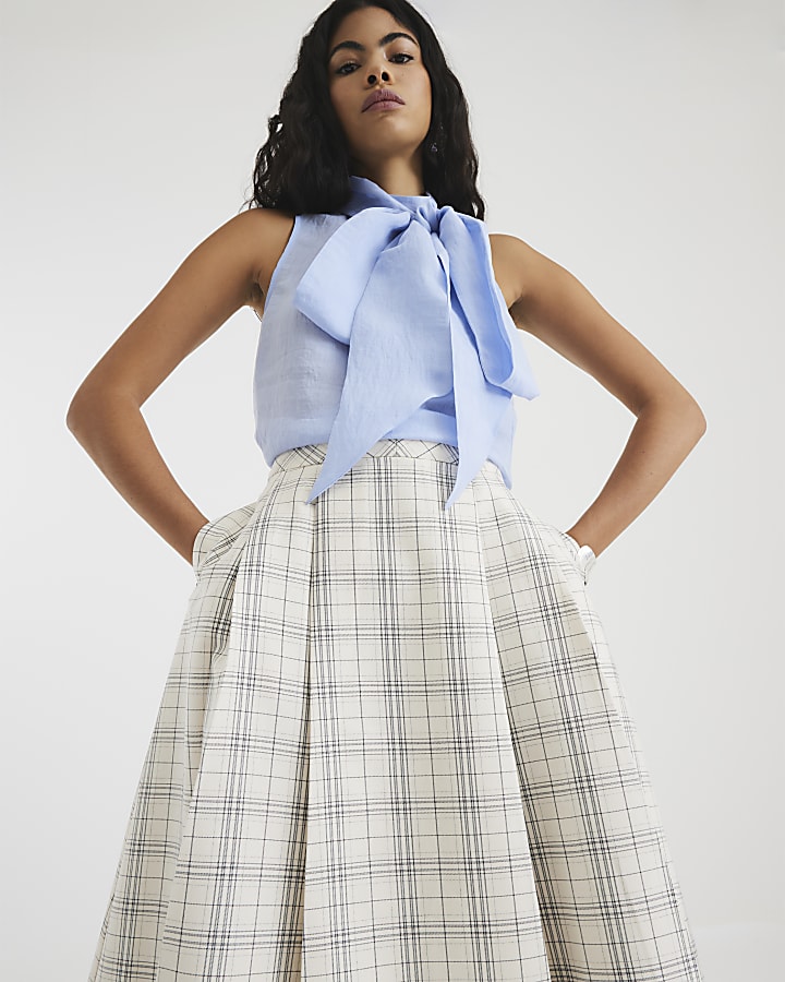 Cream Check Pleated Midi Skirt