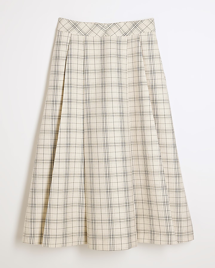 Cream Check Pleated Midi Skirt