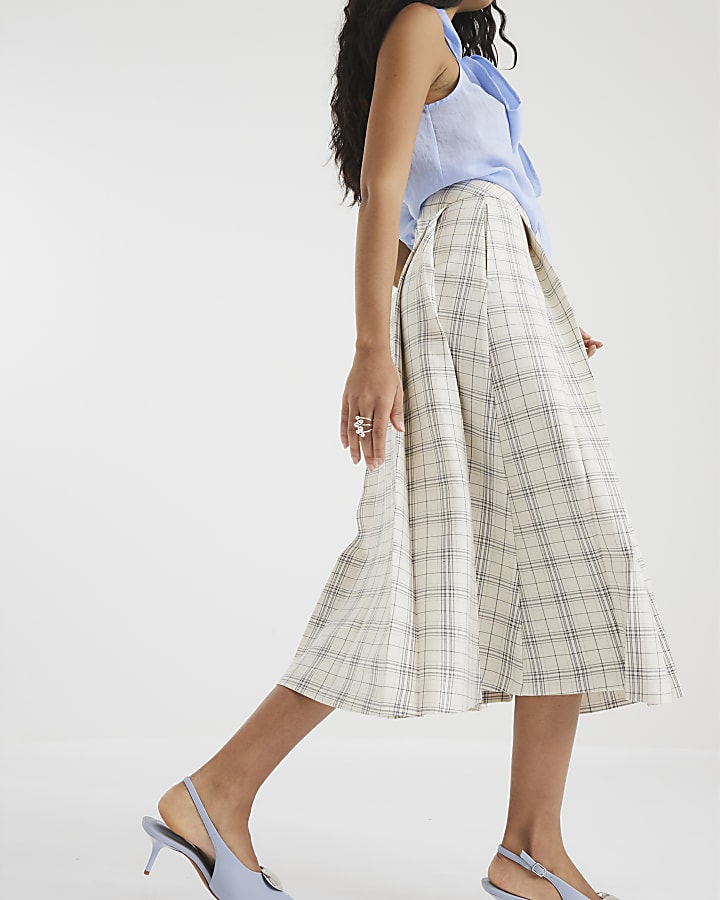 Cream Check Pleated Midi Skirt