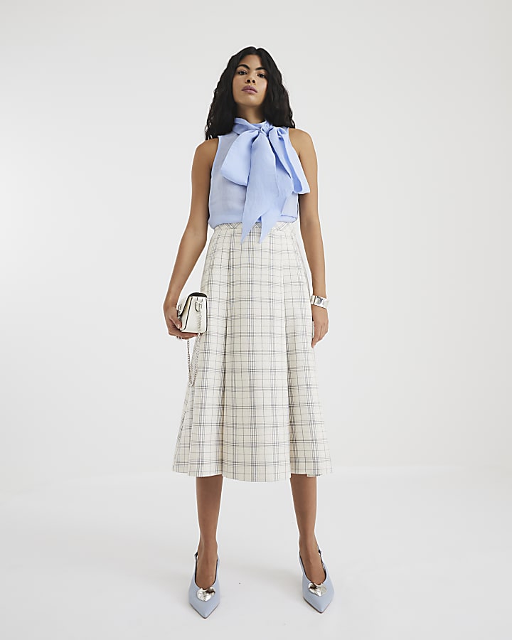 Cream Check Pleated Midi Skirt