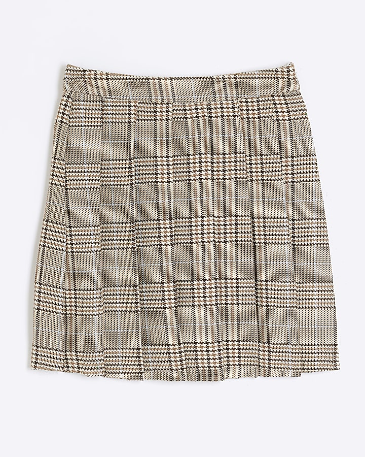 Brown Pleated Check Mini Skirt