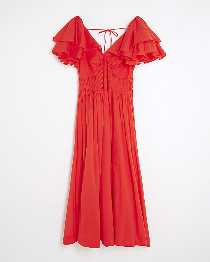 Red frill Sleeve Midi Dress