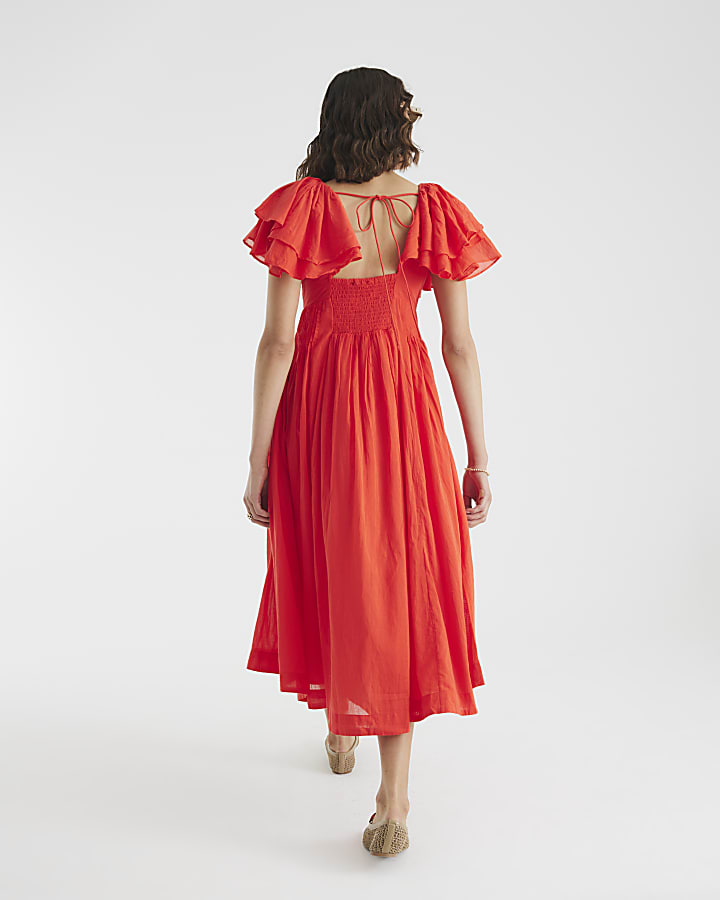 Red frill Sleeve Midi Dress