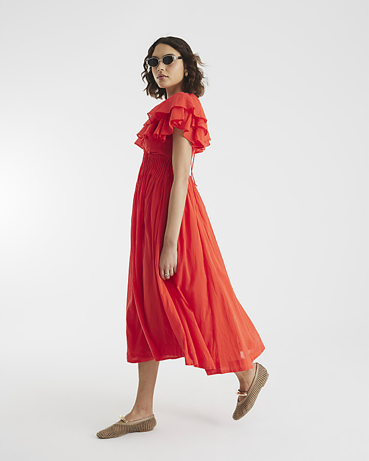 Red frill Sleeve Midi Dress