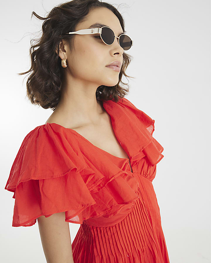 Red frill Sleeve Midi Dress
