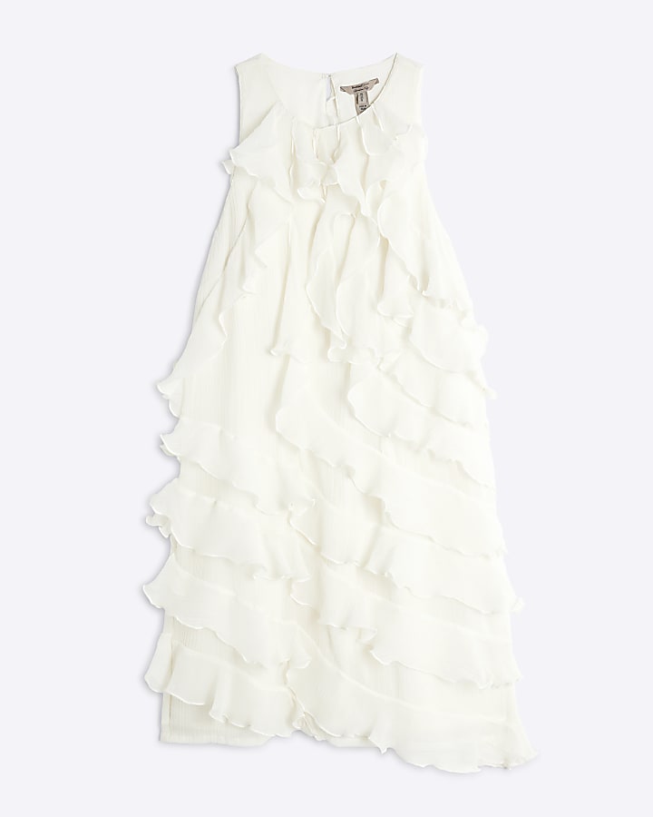 White Premium Sleeveless Ruffle Mini Dress
