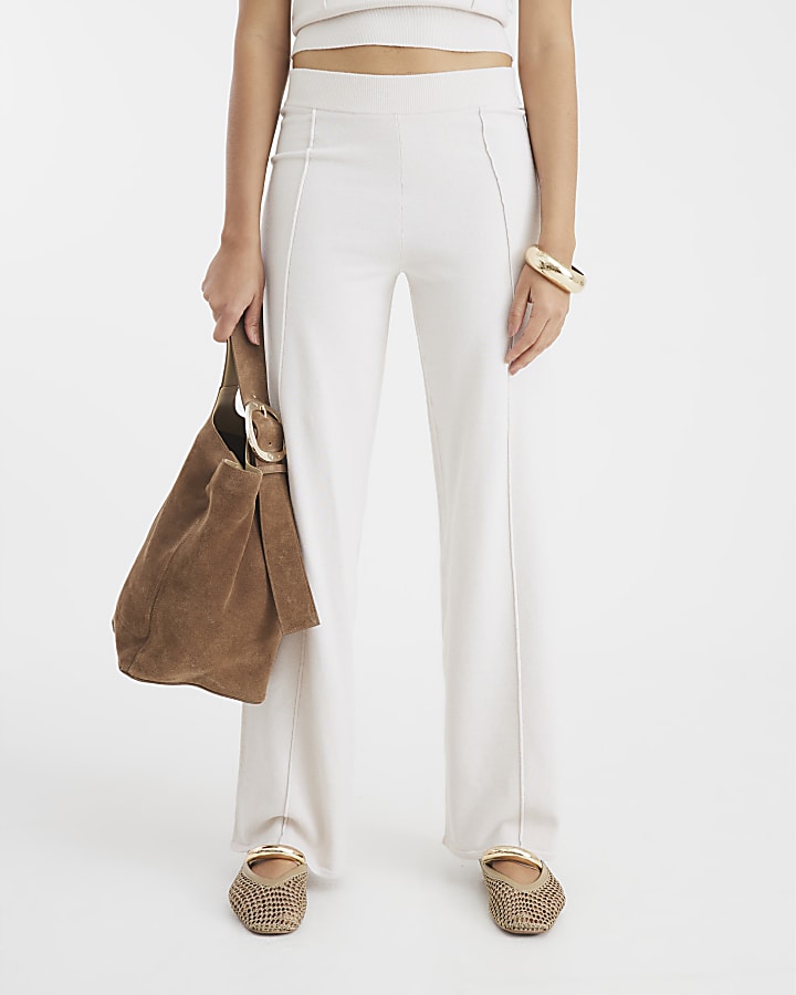 Cream Wide leg Seamed Knitted Trousers