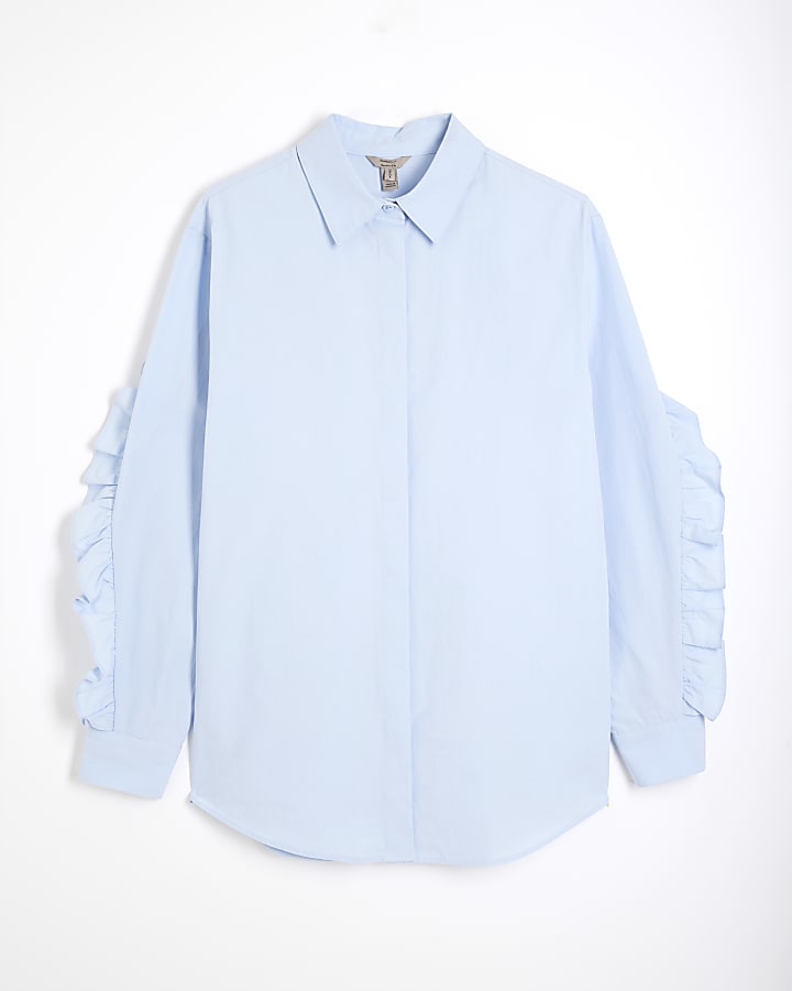 Blue Long Sleeve Ruffle Back Shirt