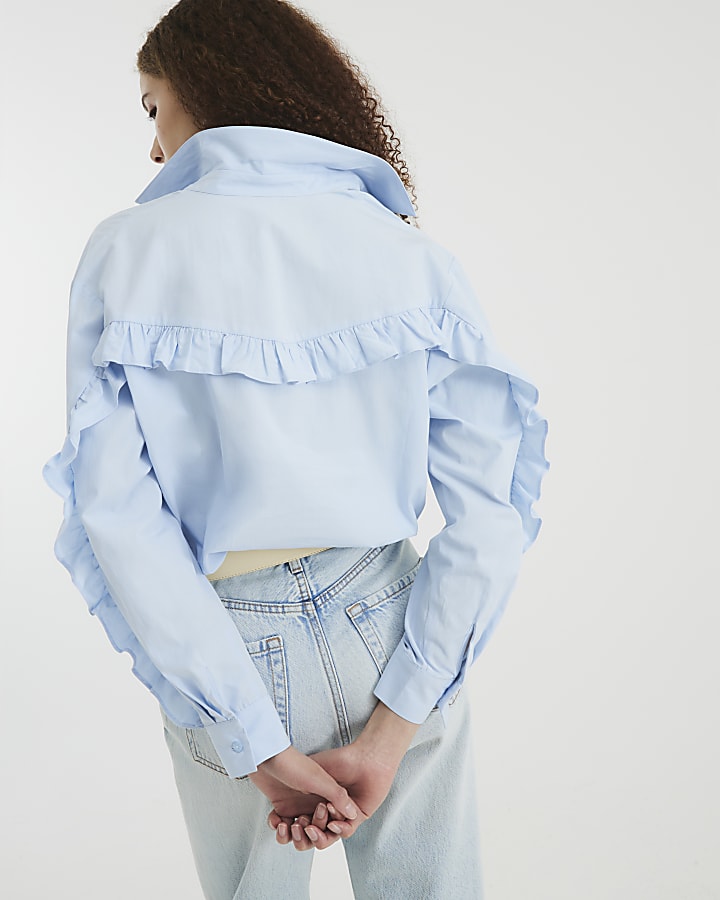 Blue Long Sleeve Ruffle Back Shirt