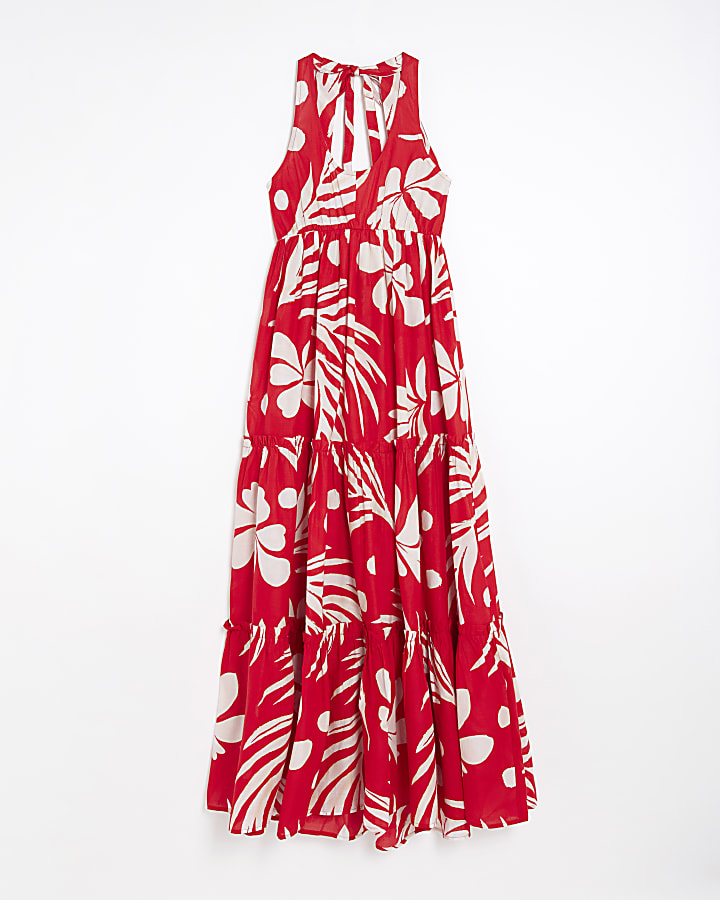 Red Floral Sleeveless Tiered Maxi Dress
