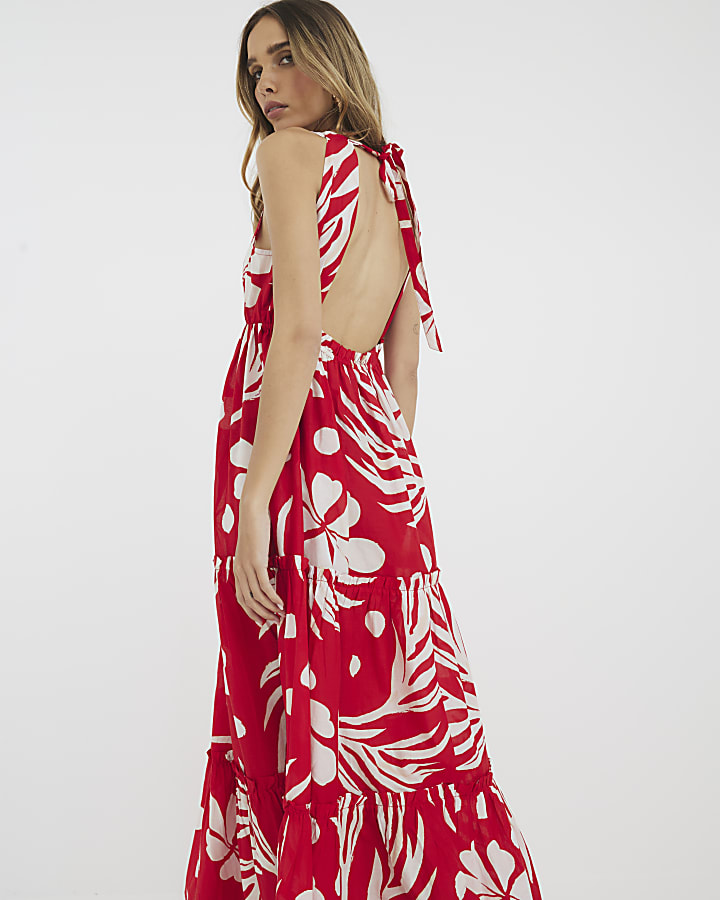 Red Floral Sleeveless Tiered Maxi Dress
