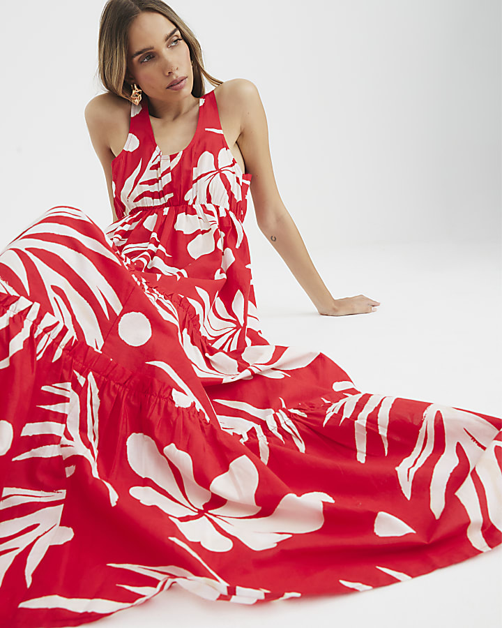 Red Floral Sleeveless Tiered Maxi Dress