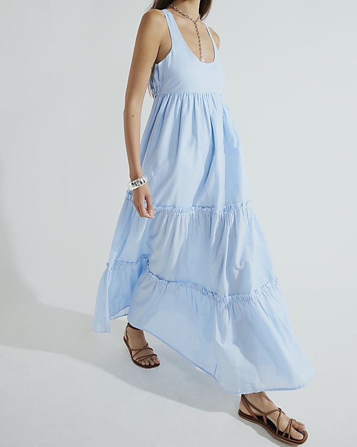 Blue Sleeveless Tiered Maxi Dress