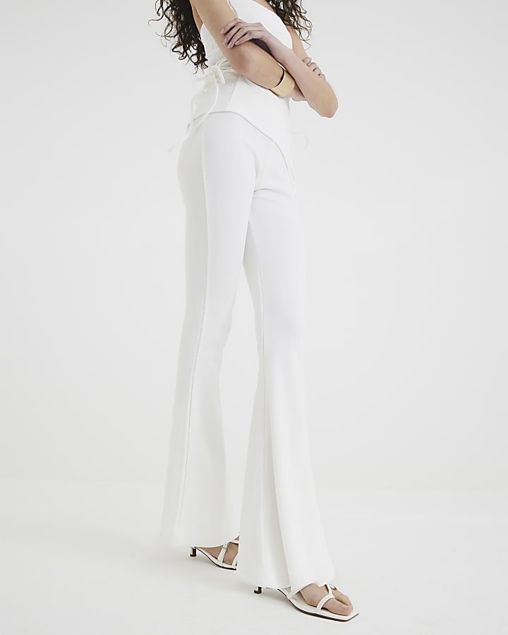 Cream Ribbed Flared Trousers