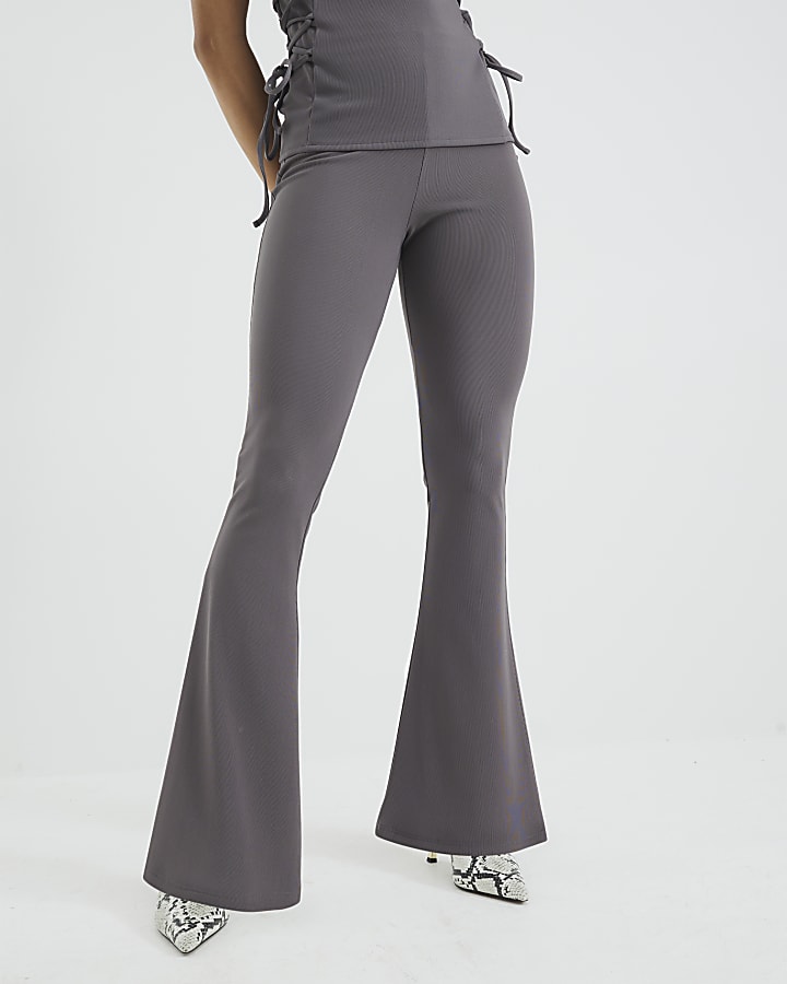 Grey Ribbed Flare Trousers