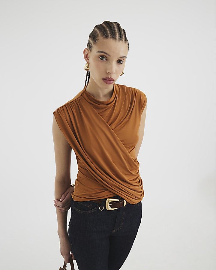 Rust Sleeveless Wrap Drape Top