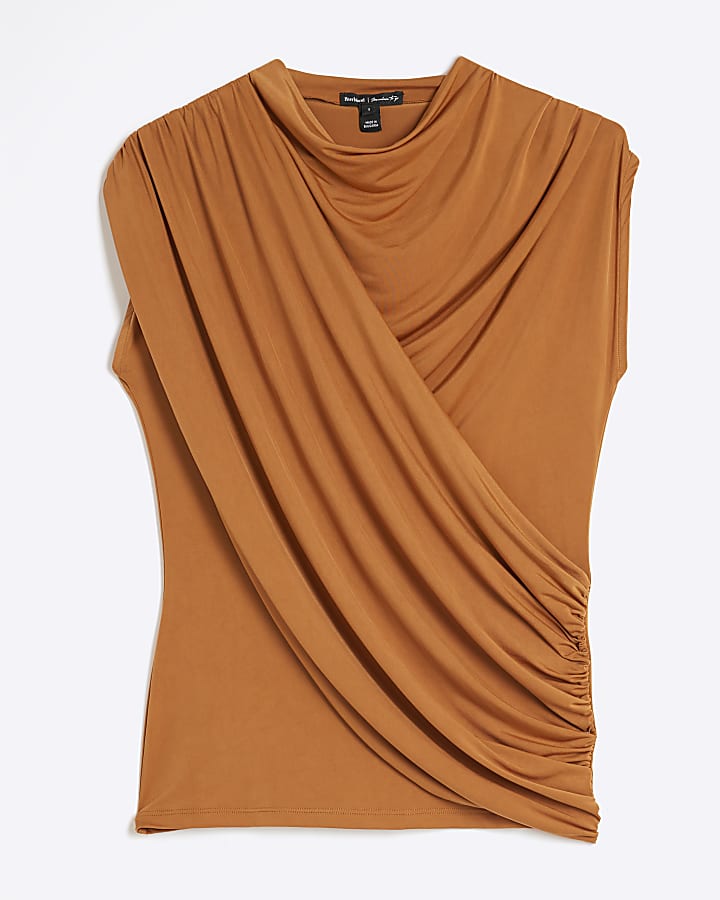 Rust Sleeveless Wrap Drape Top