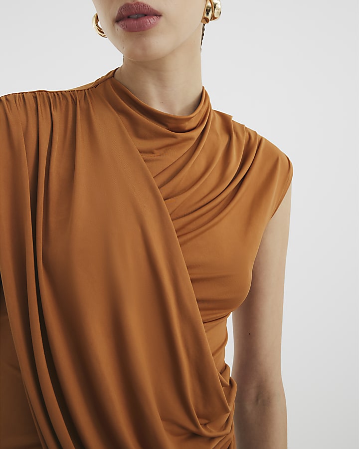 Rust Sleeveless Wrap Drape Top