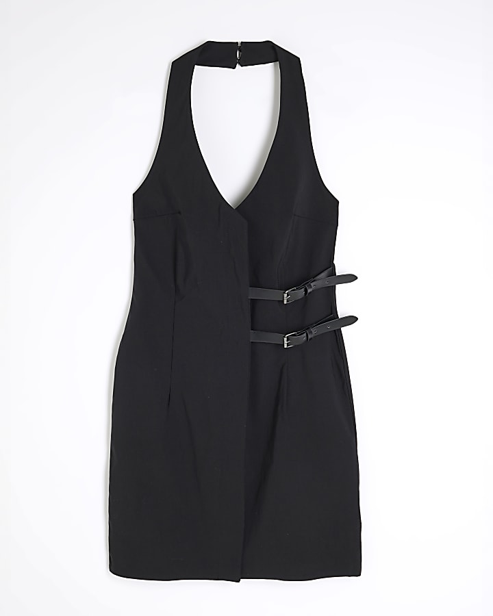 Black Sleeveless Buckle Detail Mini Dress