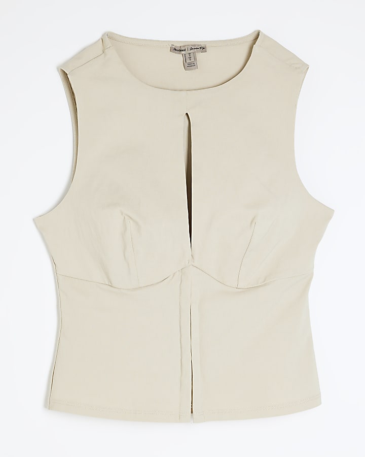 Beige Sleeveless Cut Out Top