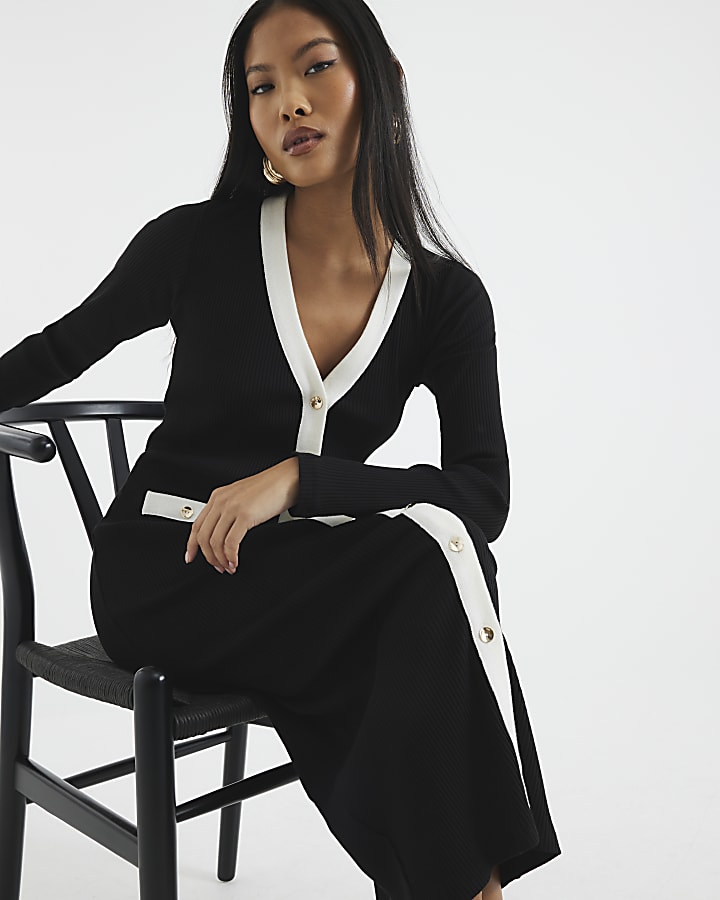 Petite Black Tipped Ribbed Midi Dress